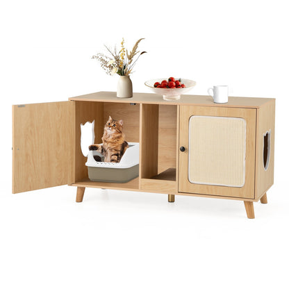 Cat Litter Box Enclosure for 2 Cats with Double Rooms and 2 Sisal Scratching Mats-Natural