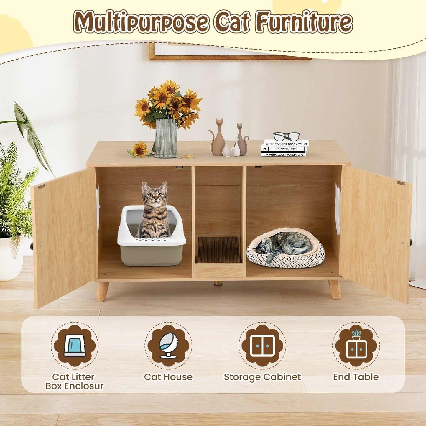 Cat Litter Box Enclosure for 2 Cats with Double Rooms and 2 Sisal Scratching Mats-Natural