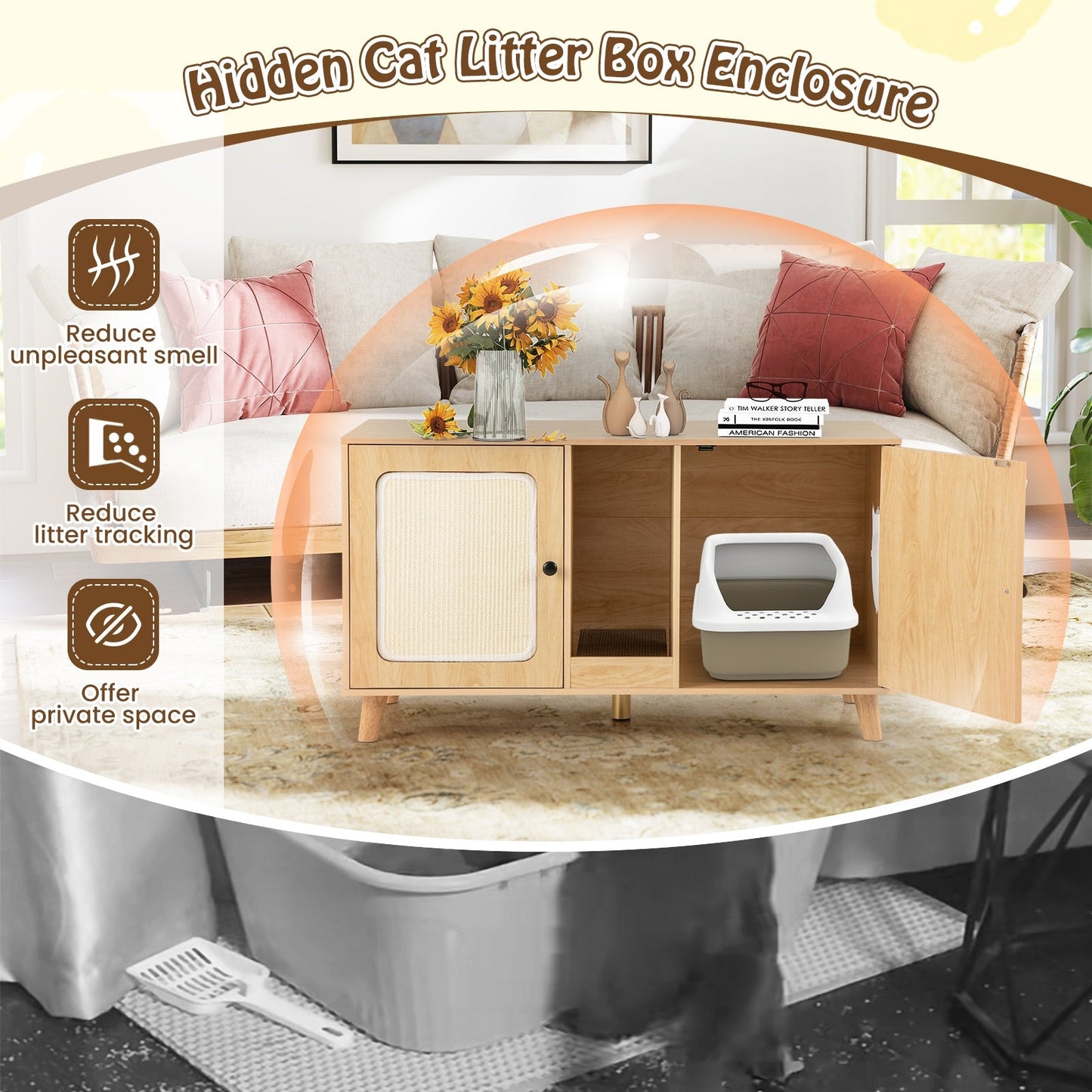 Cat Litter Box Enclosure for 2 Cats with Double Rooms and 2 Sisal Scratching Mats-Natural