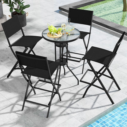 Outdoor Folding Bar Height Stool Set of 4 with Metal Frame and Footrest-Black