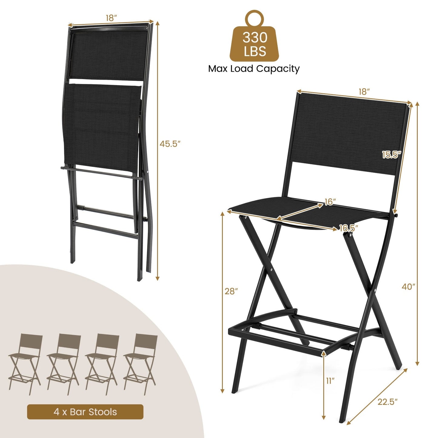 Outdoor Folding Bar Height Stool Set of 4 with Metal Frame and Footrest-Black