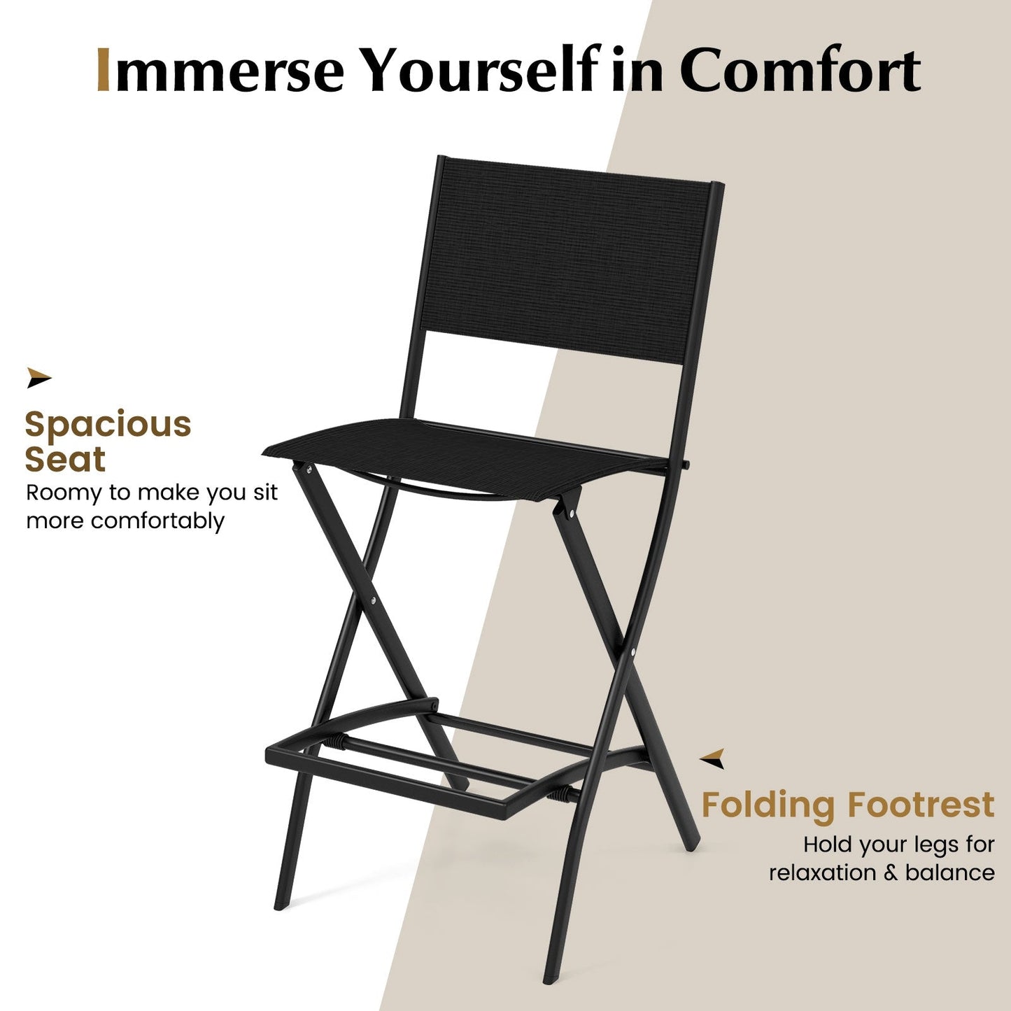 Outdoor Folding Bar Height Stool Set of 4 with Metal Frame and Footrest-Black