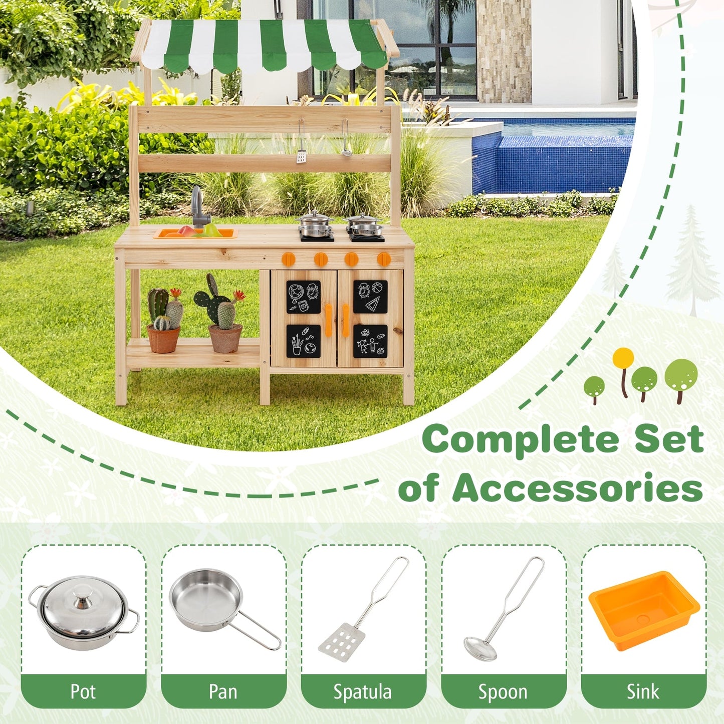 Kids Mud Kitchen with Canopy Outdoor Wooden Pretend Play Kitchen-Natural