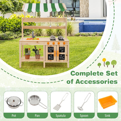 Kids Mud Kitchen with Canopy Outdoor Wooden Pretend Play Kitchen-Natural