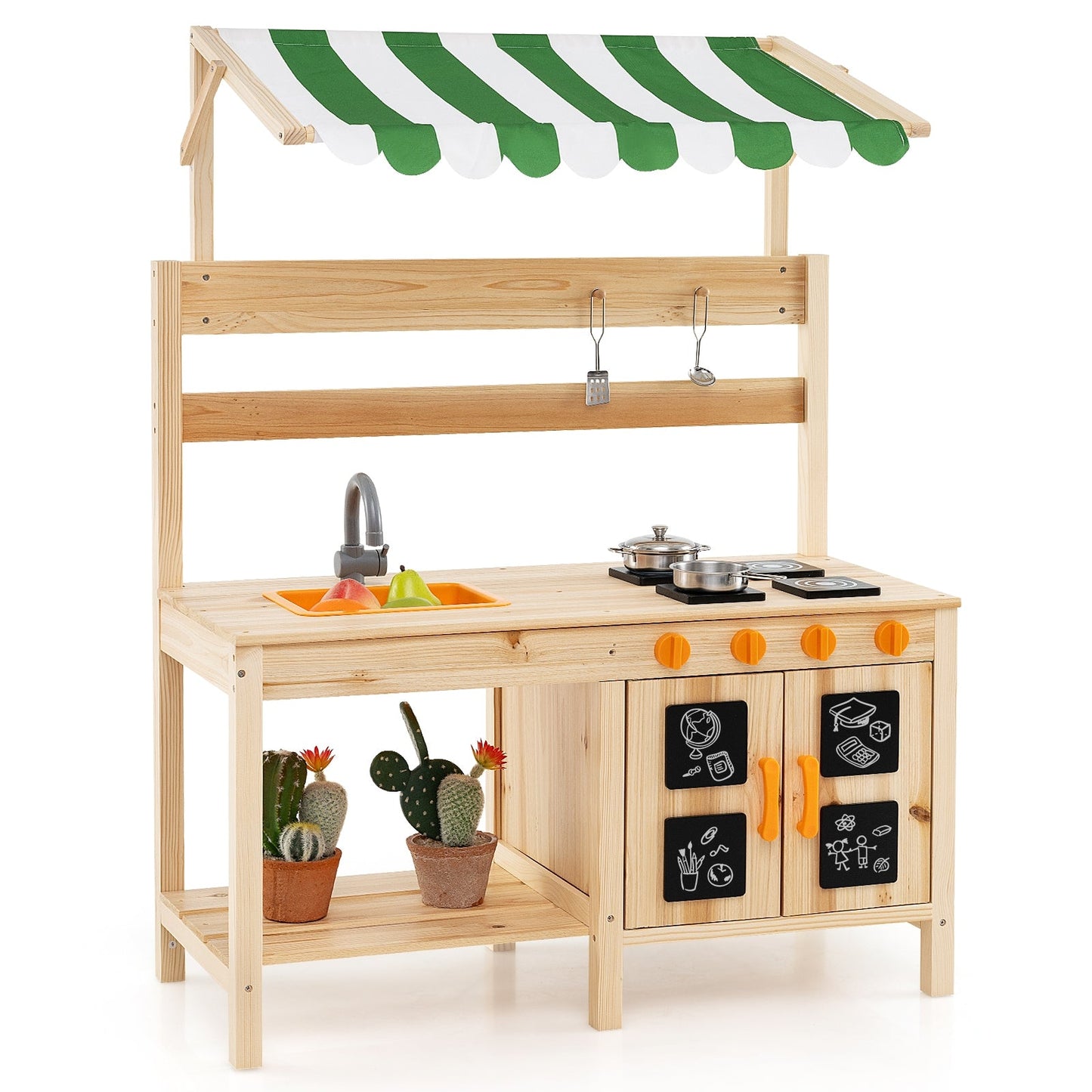 Kids Mud Kitchen with Canopy Outdoor Wooden Pretend Play Kitchen-Natural