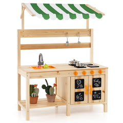 Kids Mud Kitchen with Canopy Outdoor Wooden Pretend Play Kitchen-Natural