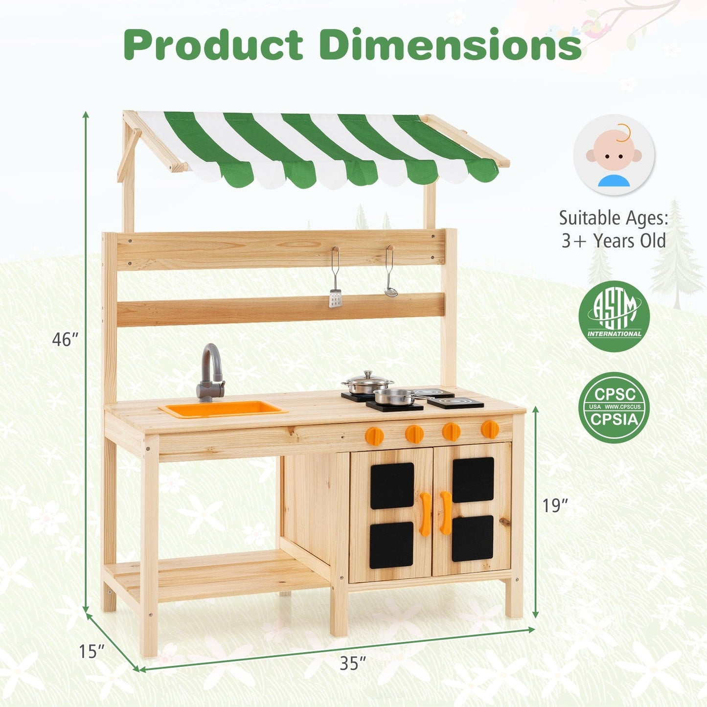 Kids Mud Kitchen with Canopy Outdoor Wooden Pretend Play Kitchen-Natural