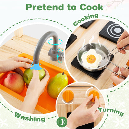 Kids Mud Kitchen with Canopy Outdoor Wooden Pretend Play Kitchen-Natural