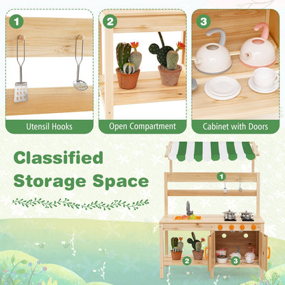 Kids Mud Kitchen with Canopy Outdoor Wooden Pretend Play Kitchen-Natural