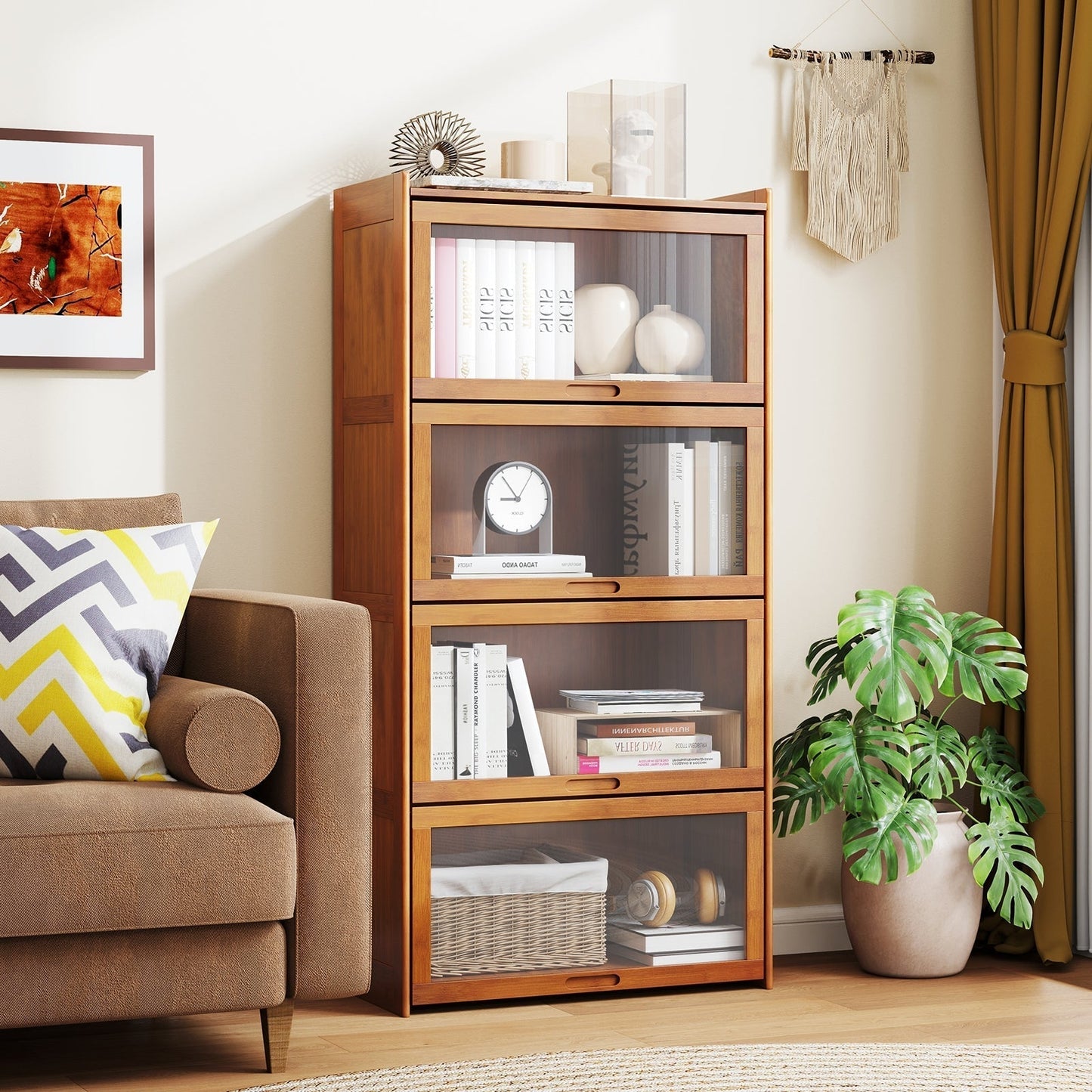 140 cm Bamboo Bookshelf with See-through Acrylic Doors-Brown