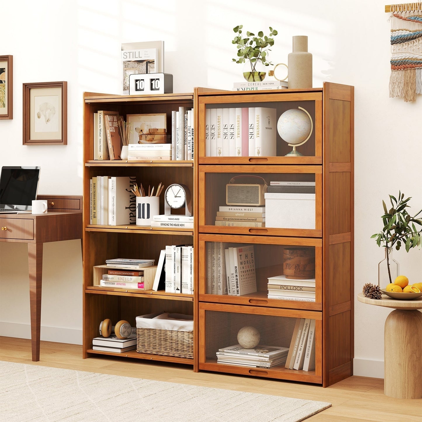 140 cm Bamboo Bookshelf with See-through Acrylic Doors-Brown