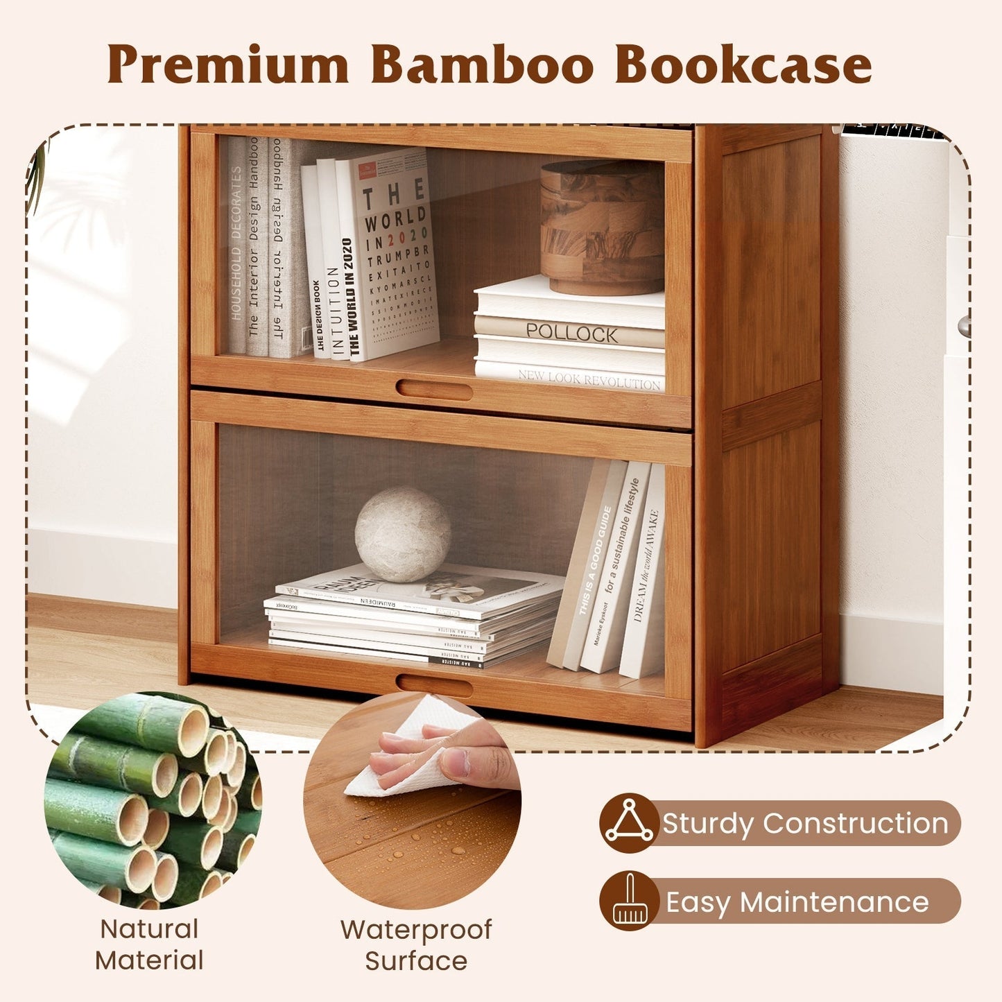 140 cm Bamboo Bookshelf with See-through Acrylic Doors-Brown