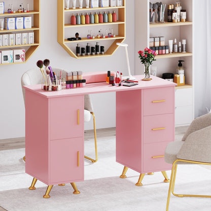 Manicure Table Nail Desk Nail Tech Station with Drawers-Pink