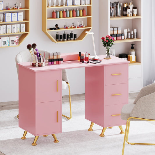 Manicure Table Nail Desk Nail Tech Station with Drawers-Pink