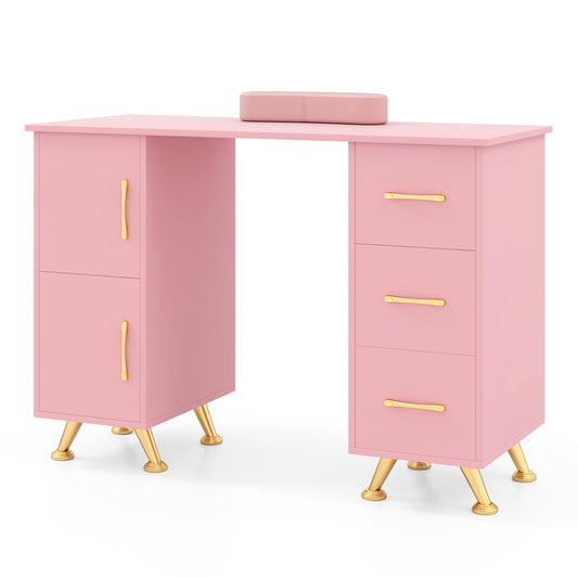 Manicure Table Nail Desk Nail Tech Station with Drawers-Pink