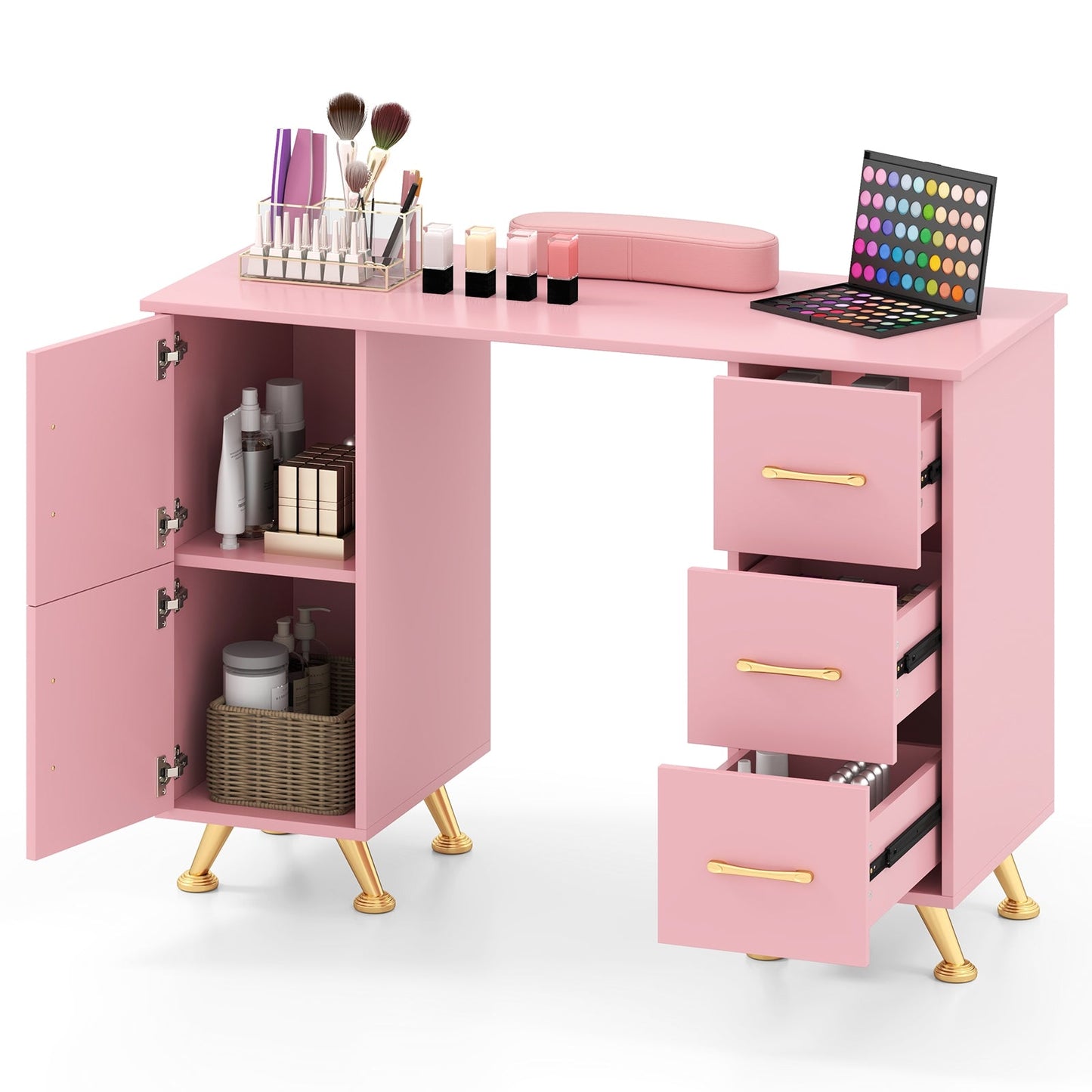 Manicure Table Nail Desk Nail Tech Station with Drawers-Pink