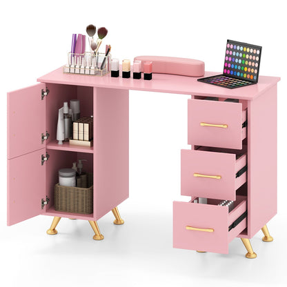 Manicure Table Nail Desk Nail Tech Station with Drawers-Pink