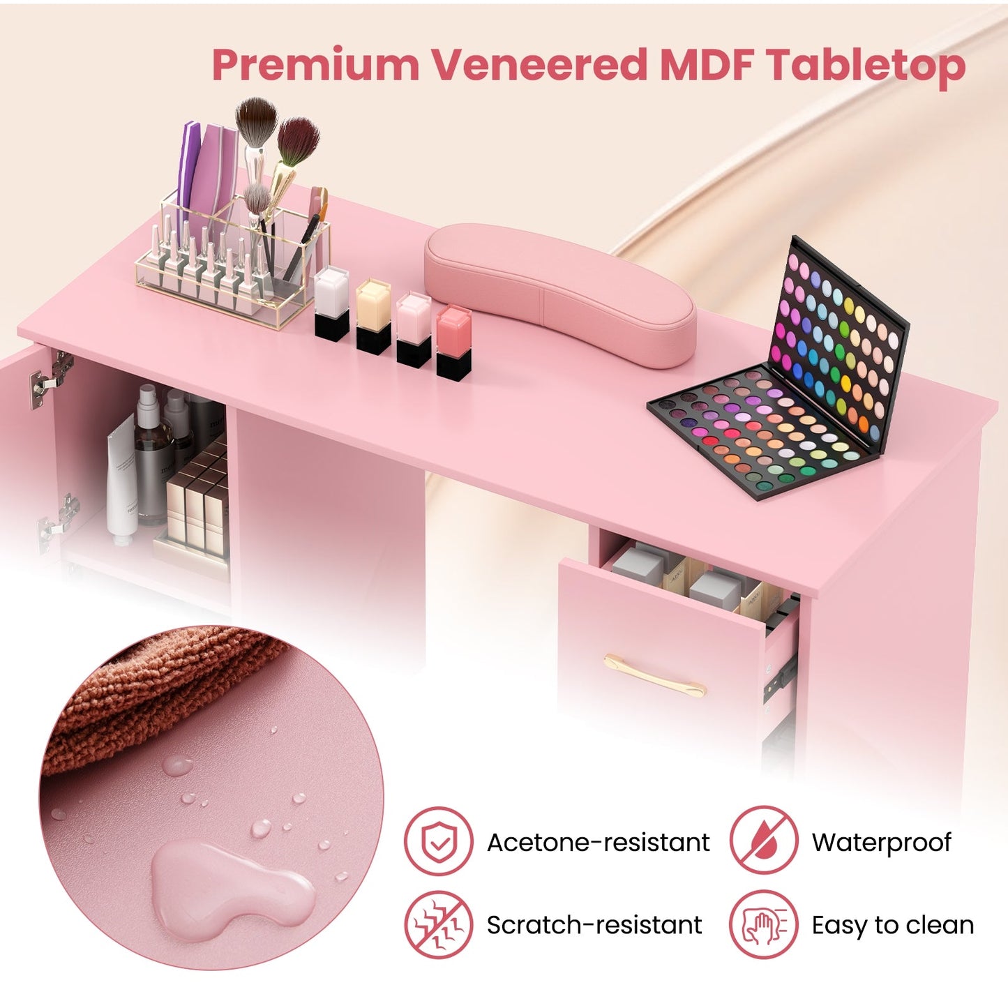 Manicure Table Nail Desk Nail Tech Station with Drawers-Pink