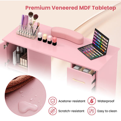 Manicure Table Nail Desk Nail Tech Station with Drawers-Pink