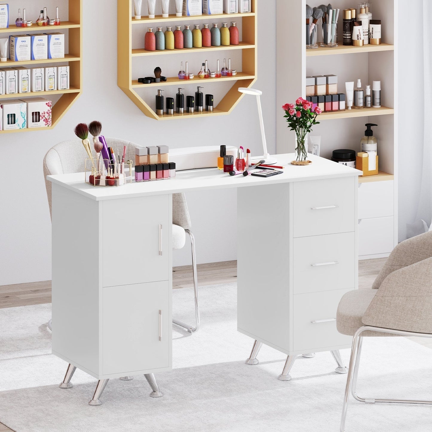 Manicure Table Nail Desk Nail Tech Station with Drawers-White