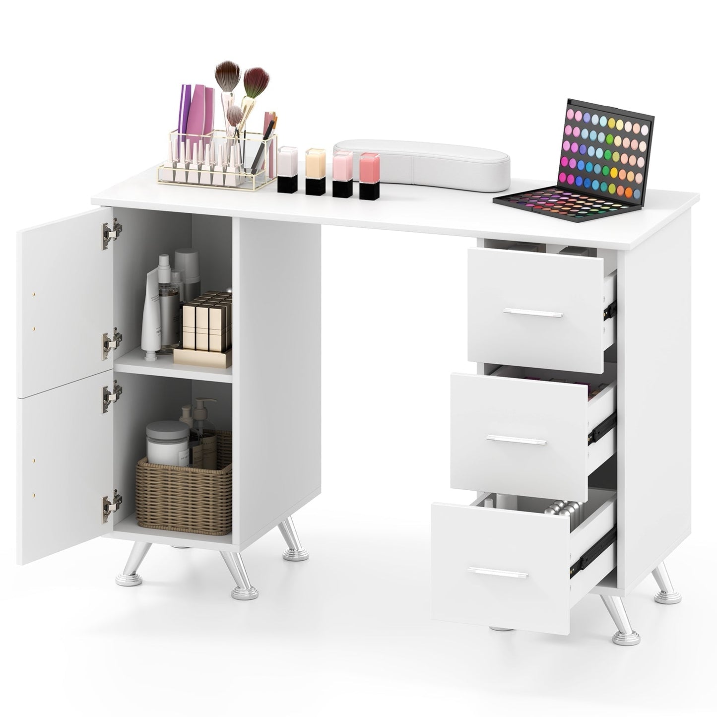 Manicure Table Nail Desk Nail Tech Station with Drawers-White