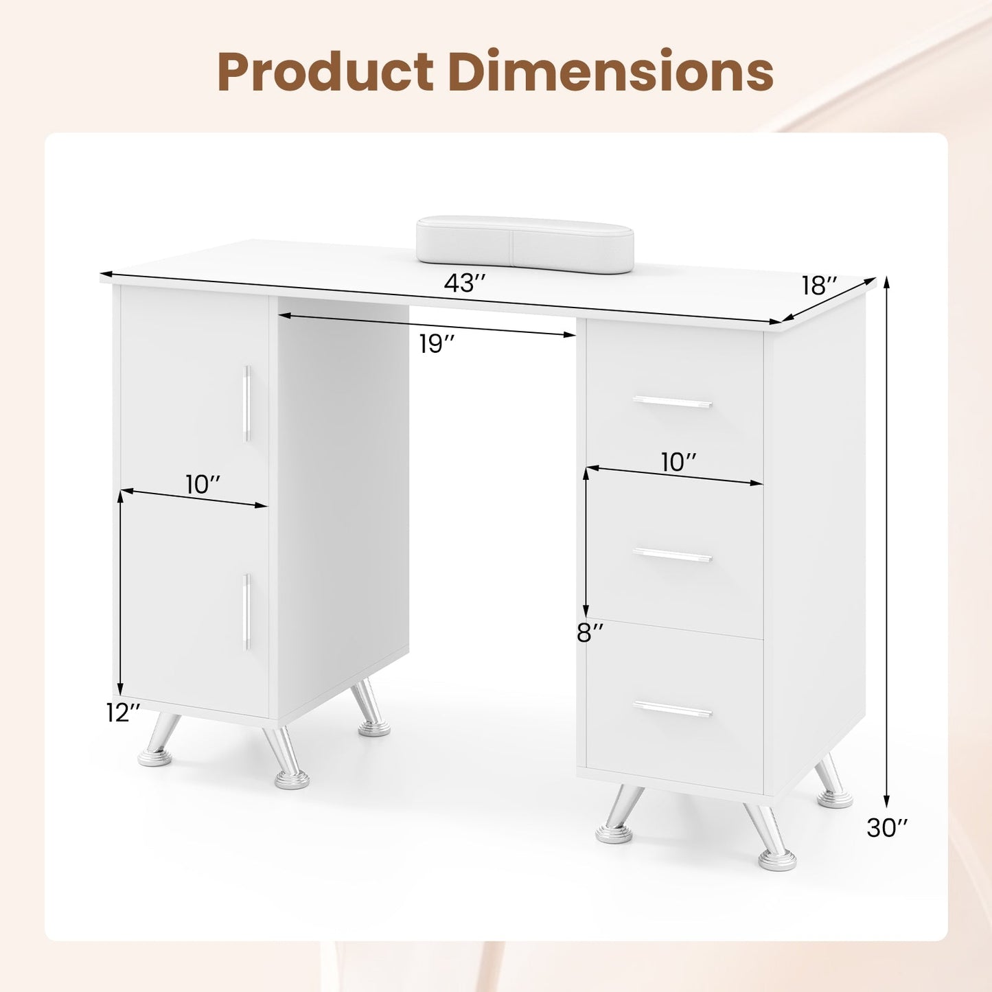 Manicure Table Nail Desk Nail Tech Station with Drawers-White