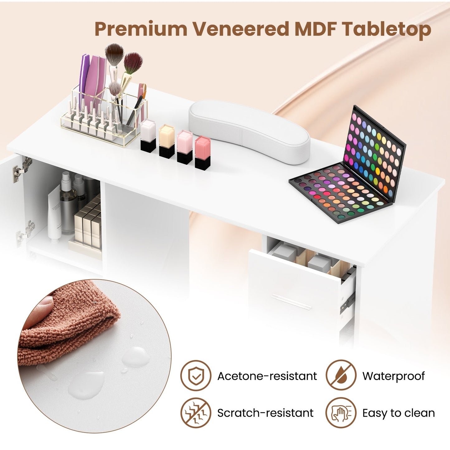 Manicure Table Nail Desk Nail Tech Station with Drawers-White