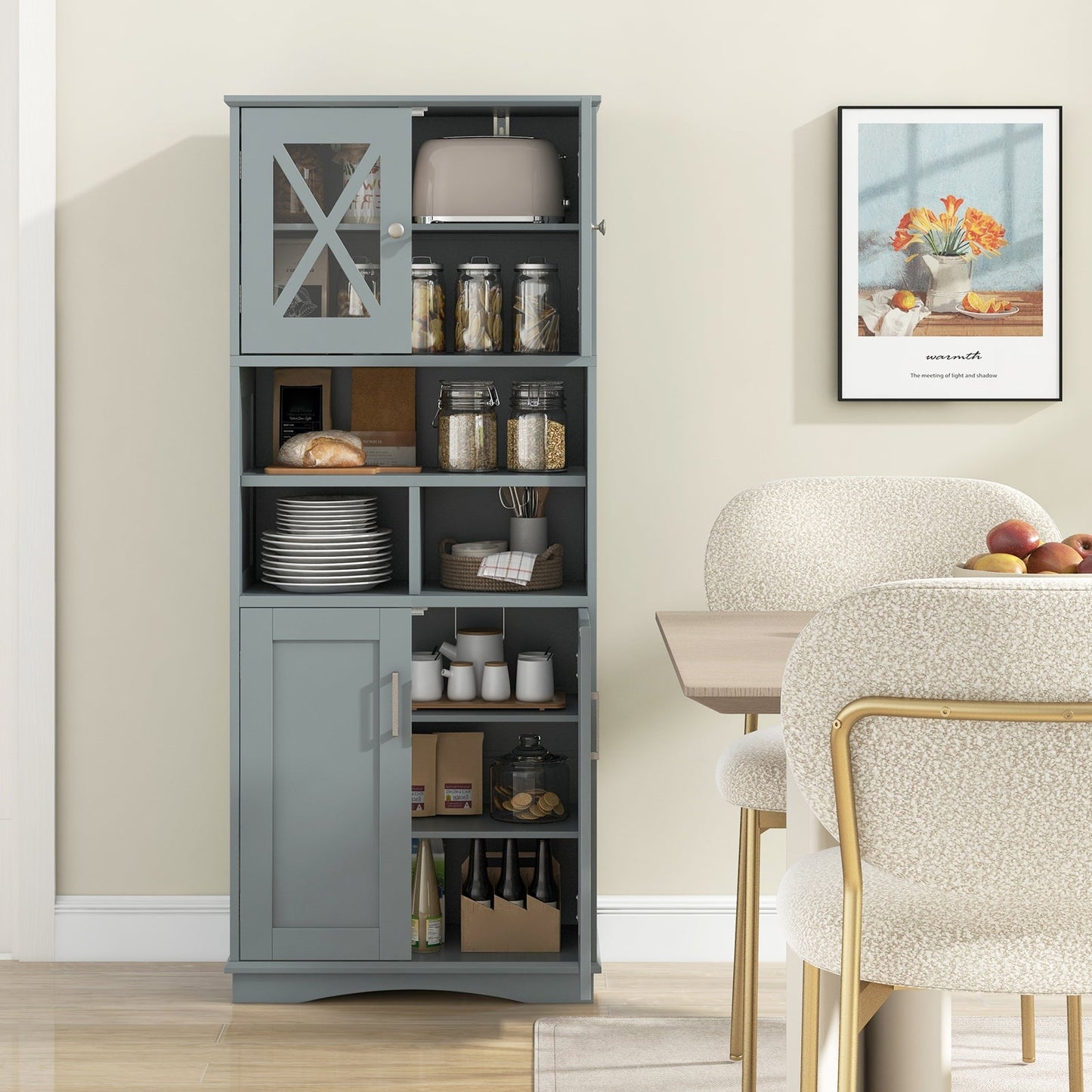 Tall Bathroom Cabinet with Acrylic Doors and Adjustable Shelves-Grey