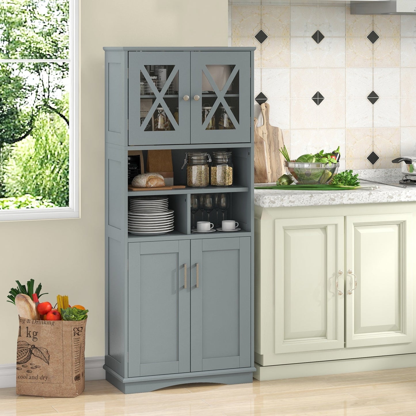 Tall Bathroom Cabinet with Acrylic Doors and Adjustable Shelves-Grey