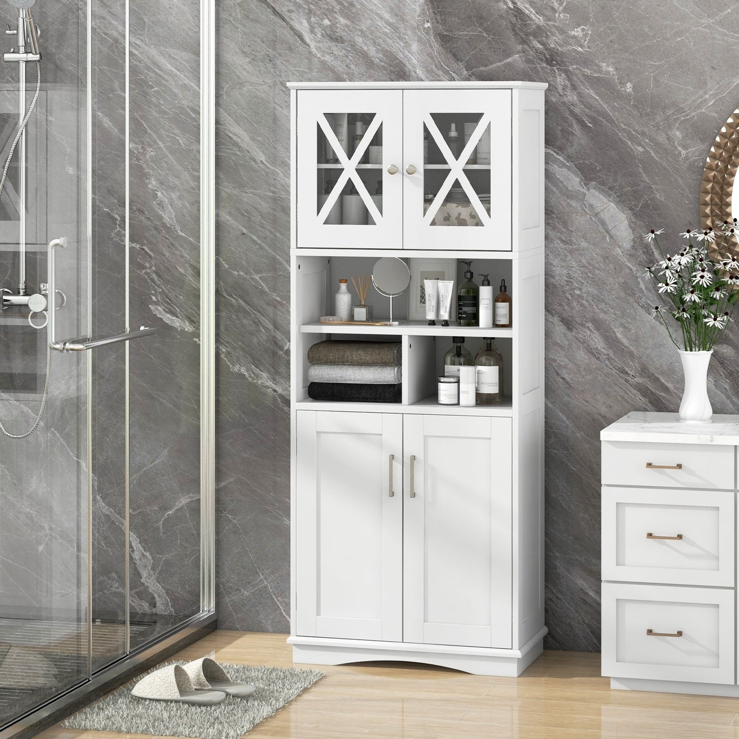 Tall Bathroom Cabinet with Acrylic Doors and Adjustable Shelves-White