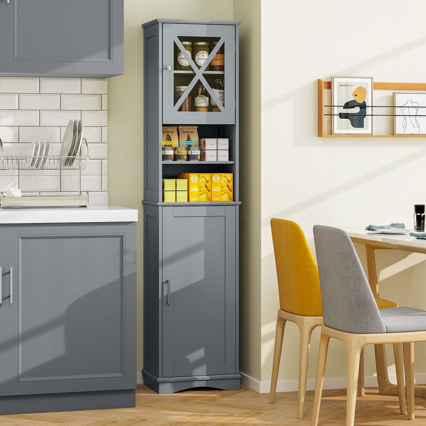 Narrow Tall Bathroom Freestanding Storage Cabinet with 5 Adjustable Shelves-Grey