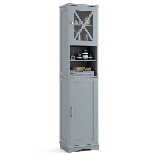 Narrow Tall Bathroom Freestanding Storage Cabinet with 5 Adjustable Shelves-Grey
