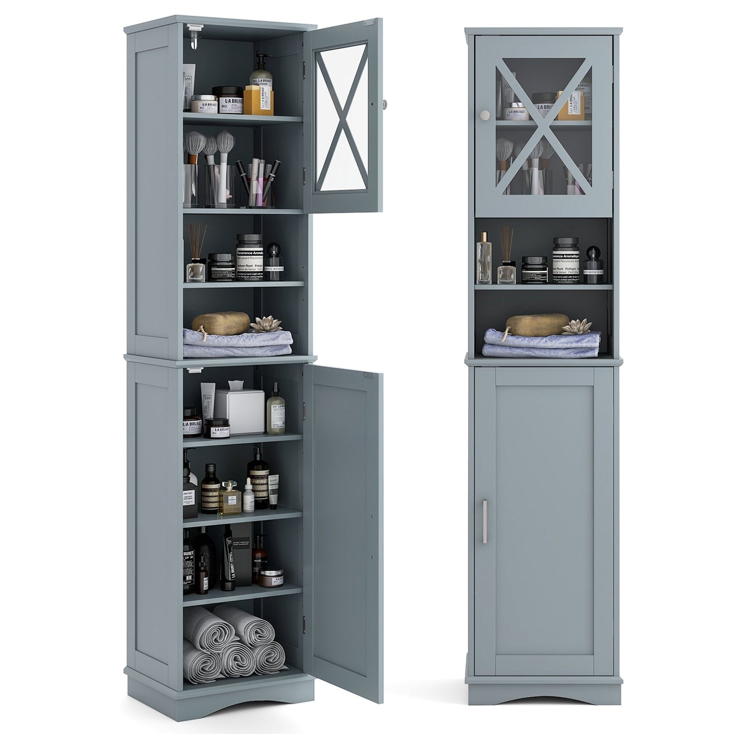 Narrow Tall Bathroom Freestanding Storage Cabinet with 5 Adjustable Shelves-Grey