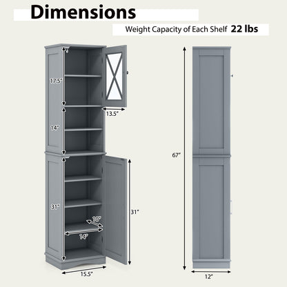 Narrow Tall Bathroom Freestanding Storage Cabinet with 5 Adjustable Shelves-Grey