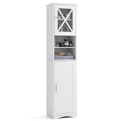 Narrow Tall Bathroom Freestanding Storage Cabinet with 5 Adjustable Shelves-White