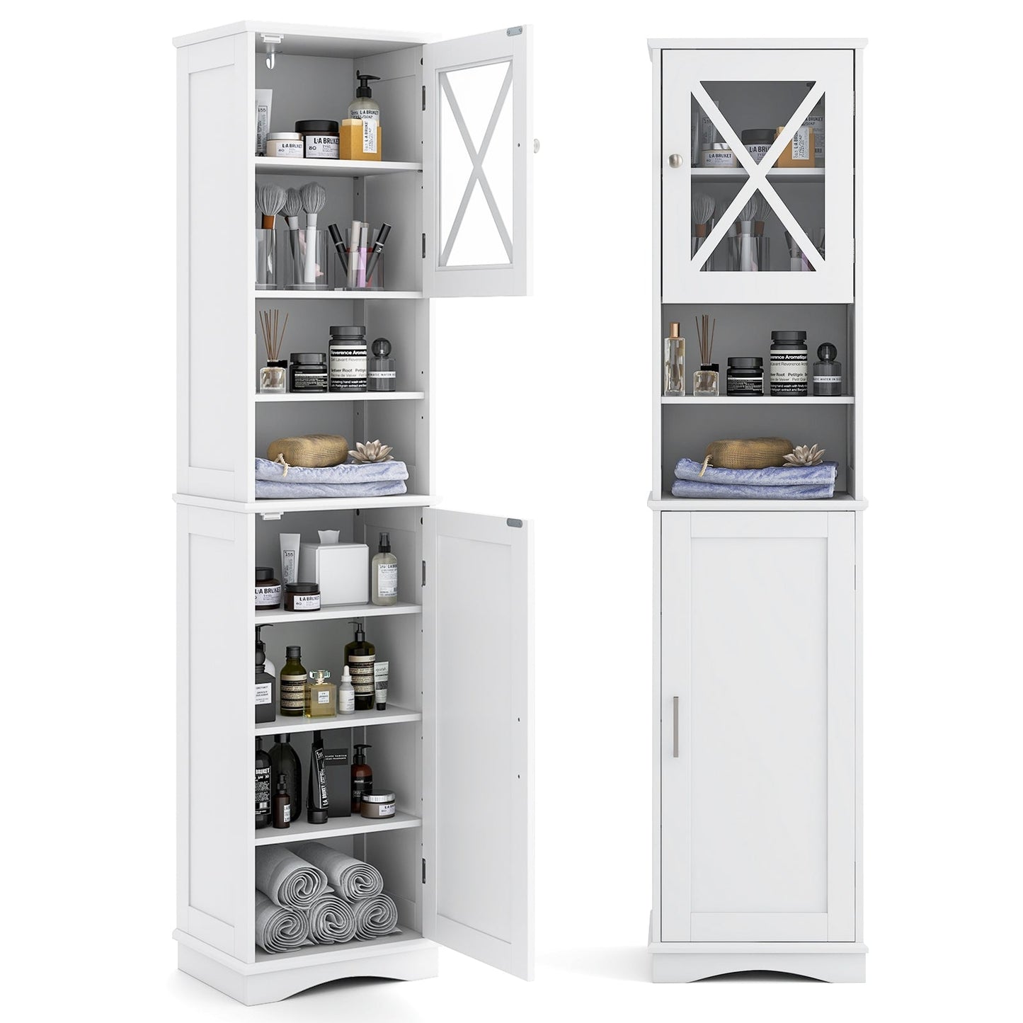 Narrow Tall Bathroom Freestanding Storage Cabinet with 5 Adjustable Shelves-White