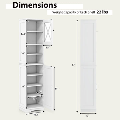 Narrow Tall Bathroom Freestanding Storage Cabinet with 5 Adjustable Shelves-White