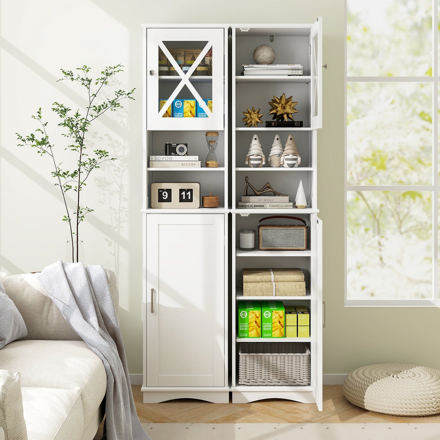 Narrow Tall Bathroom Freestanding Storage Cabinet with 5 Adjustable Shelves-White