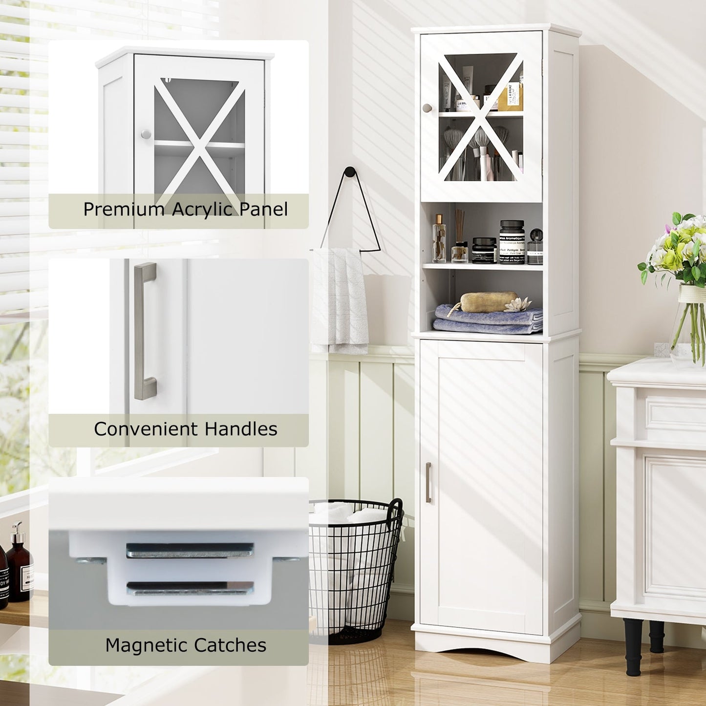 Narrow Tall Bathroom Freestanding Storage Cabinet with 5 Adjustable Shelves-White