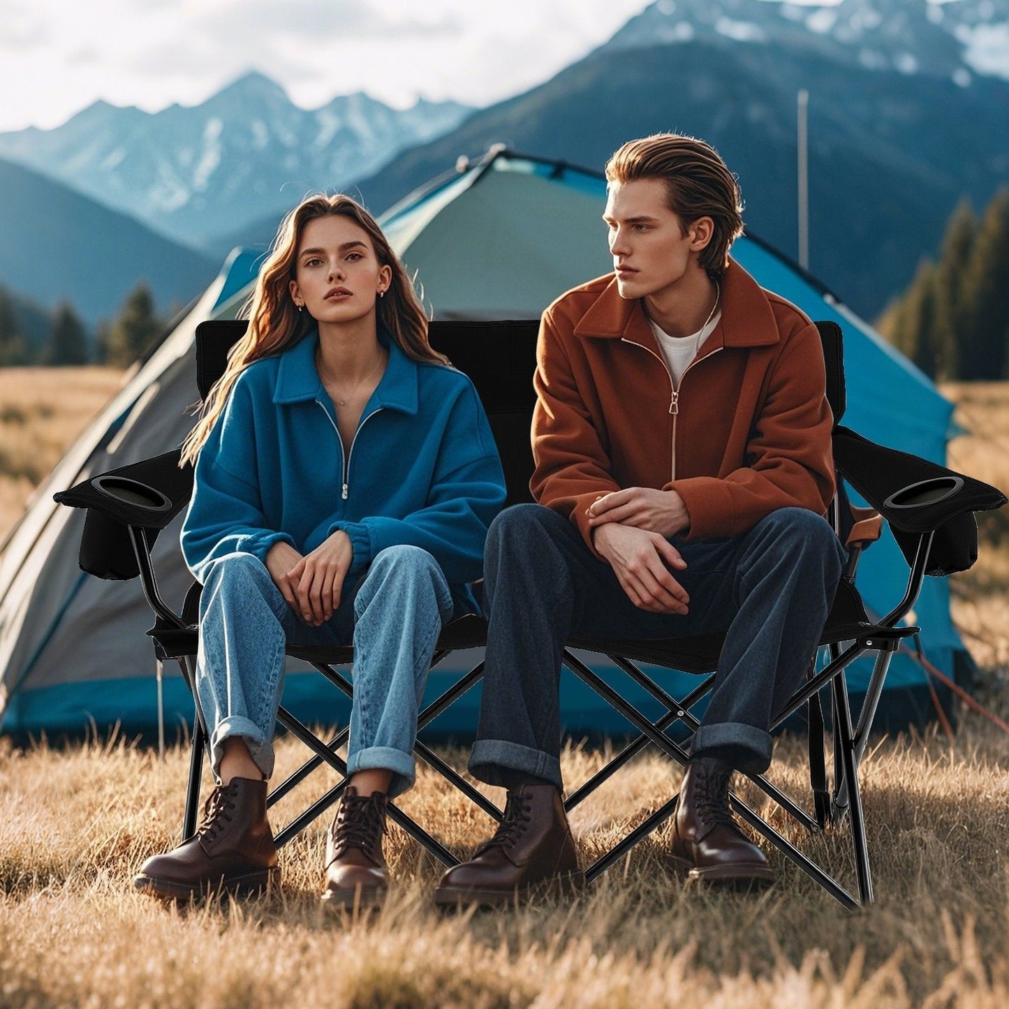 Double Camping Chair with Cup Holders and Carrying Bag-Black