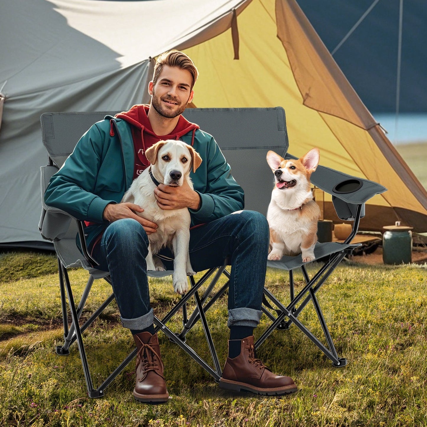 Double Camping Chair with Cup Holders and Carrying Bag-Grey