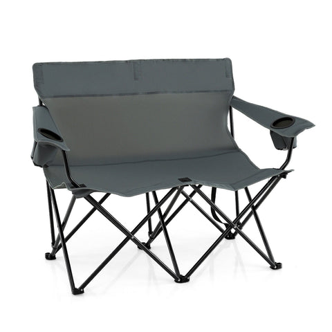 Double Camping Chair with Cup Holders and Carrying Bag-Grey