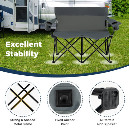 Double Camping Chair with Cup Holders and Carrying Bag-Grey