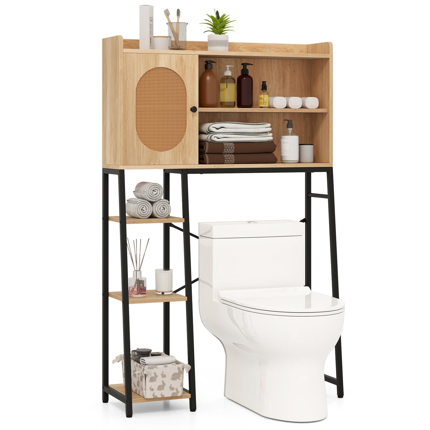 Over The Toilet Storage Cabinet with PE Rattan Door and Adjustable Shelf-Natural