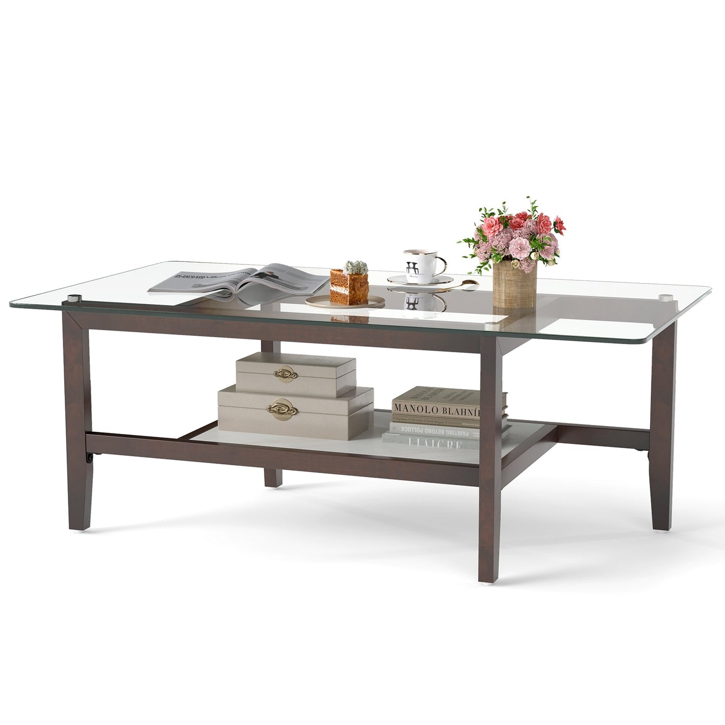 42 Inch Rectangular 2-Tier Glass Coffee Table with Storage Shelf-Brown