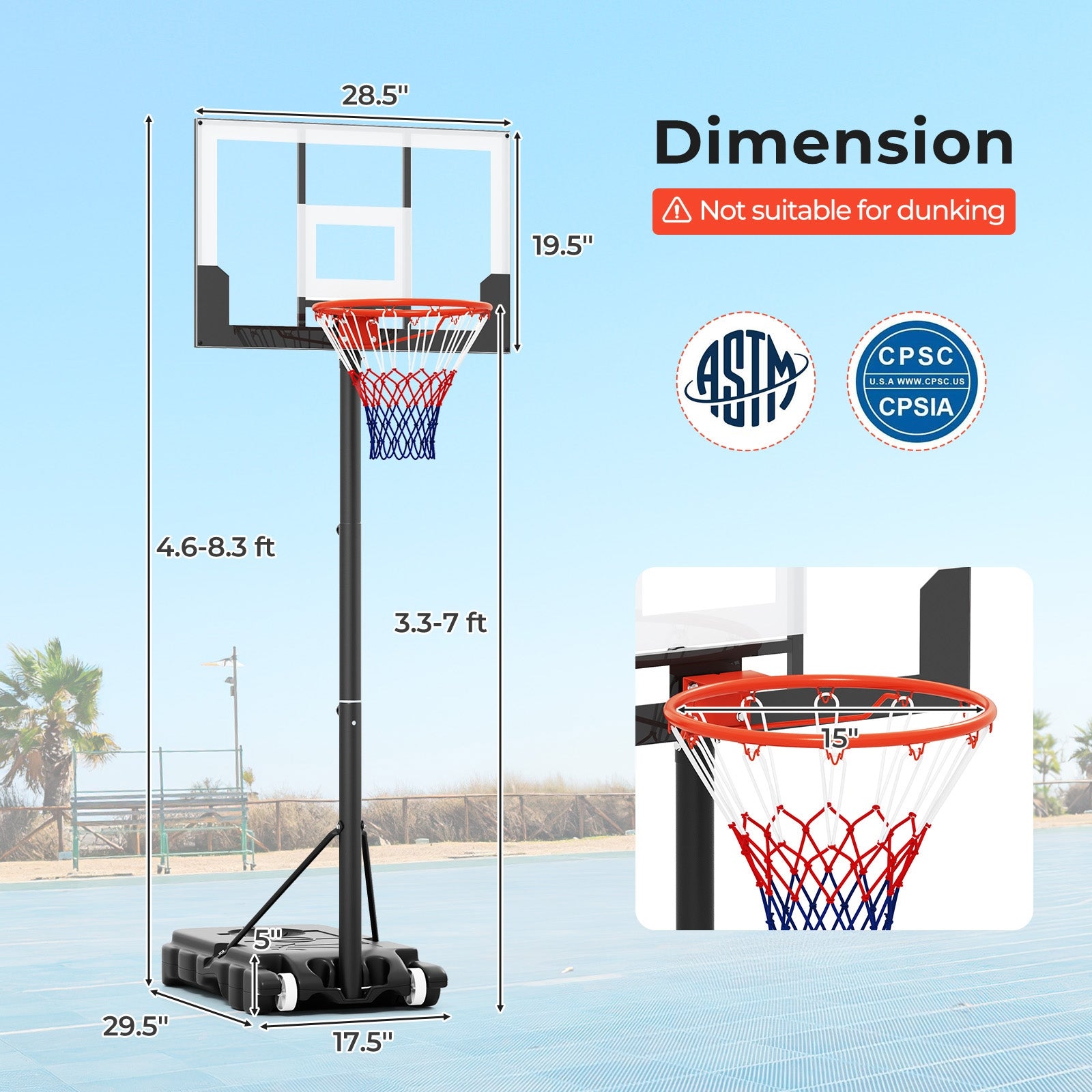 Portable Kids Basketball Hoop Outdoor 3.3-7 Feet with Shatterproof PC Backboard and Wheels-White