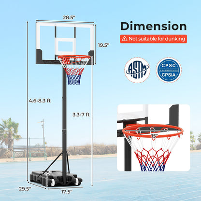 Portable Kids Basketball Hoop Outdoor 3.3-7 Feet with Shatterproof PC Backboard and Wheels-White