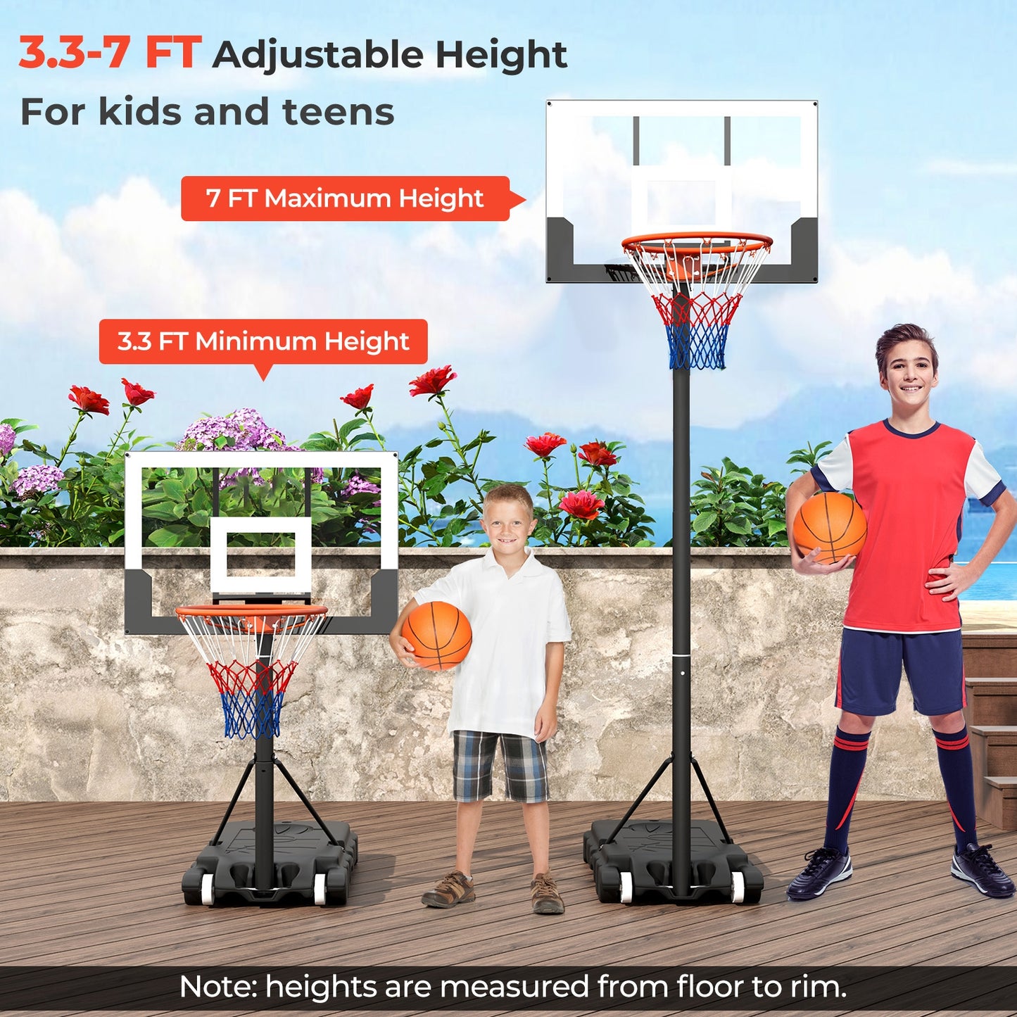 Portable Kids Basketball Hoop Outdoor 3.3-7 Feet with Shatterproof PC Backboard and Wheels-White