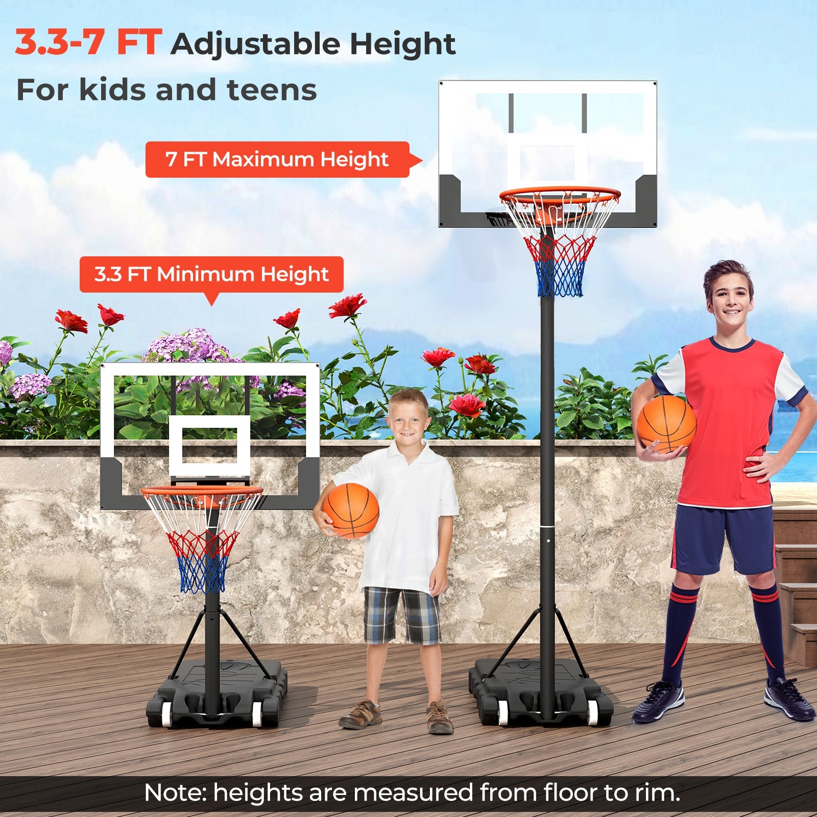 Portable Kids Basketball Hoop Outdoor 3.3-7 Feet with Shatterproof PC Backboard and Wheels-White
