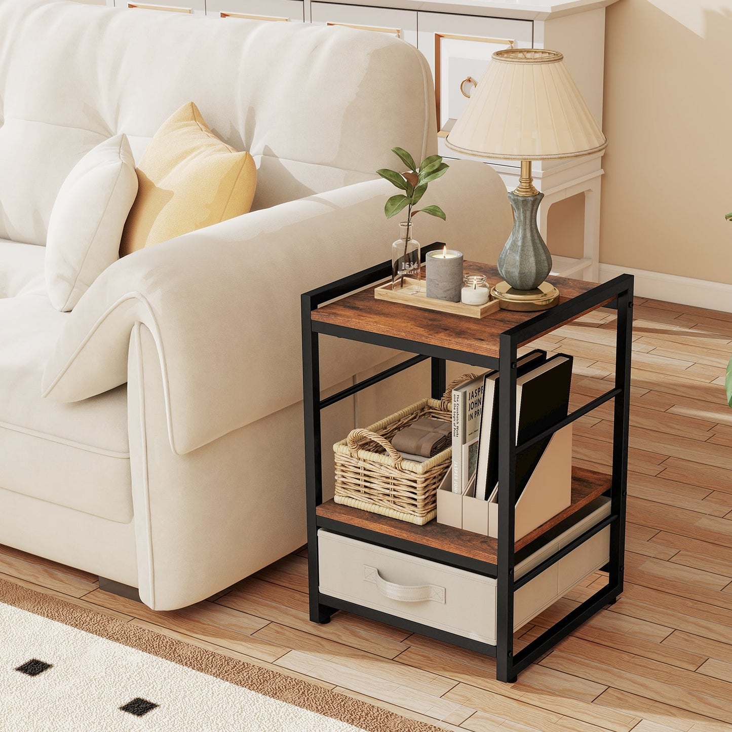 Bedside table with fabric drawer & open storage compartment side table bedside table